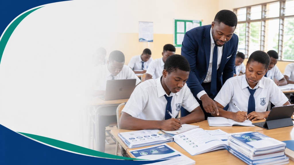 Ghana SHS students and teacher using structured learning materials aligned with NaCCA and WASSCE curriculum