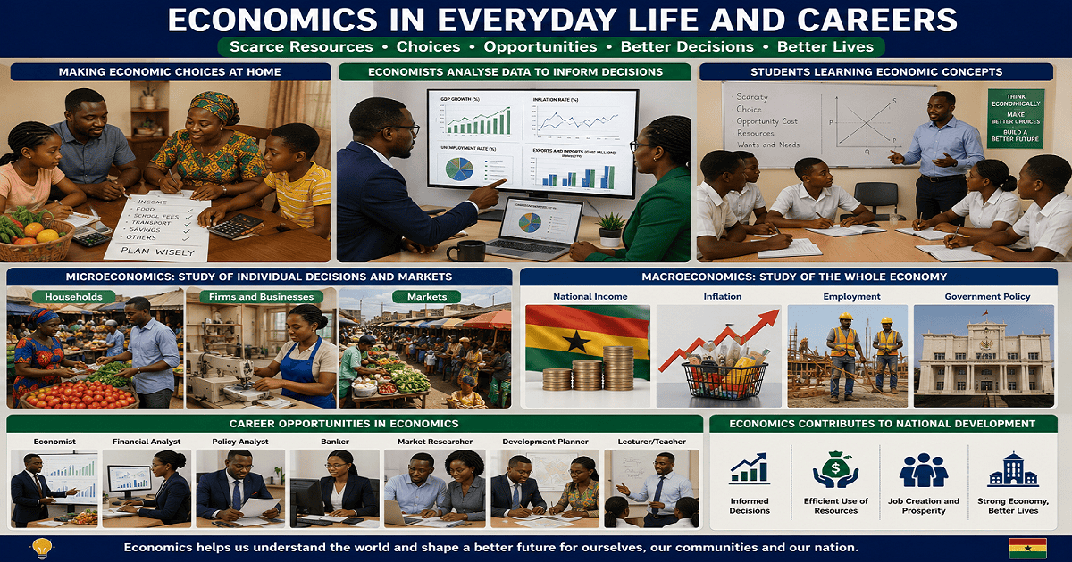 Economics Starts From The Home And The Economist for SHS 1 Economics – Educational Illustration