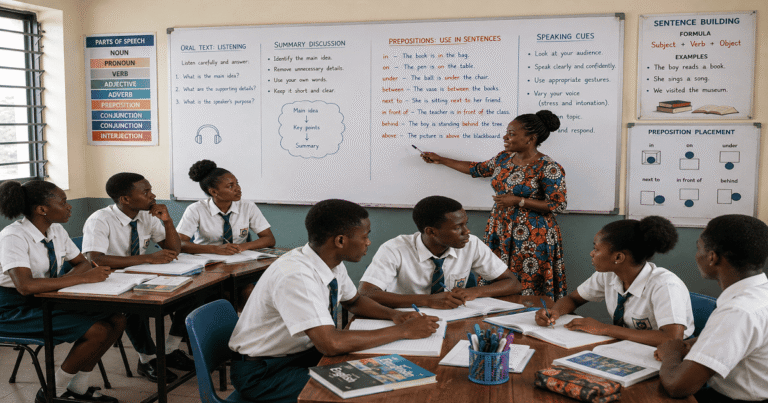 Listening Comprehension, Summarising And Prepositions for SHS 1 English Language – Educational Illustration