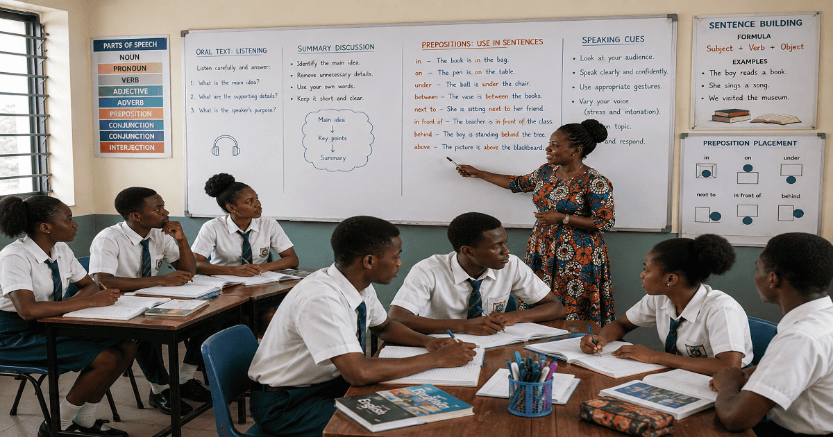 Listening Comprehension, Summarising And Prepositions for SHS 1 English Language – Educational Illustration