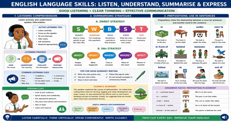 Listening Comprehension, Summarising And Prepositions for SHS 1 English Language – Educational Illustration