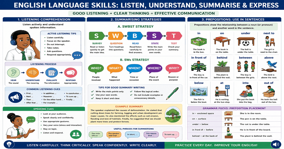 Listening Comprehension, Summarising And Prepositions for SHS 1 English Language – Educational Illustration