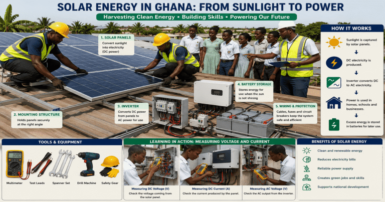 How Solar Panels Are Set Up In Ghana for SHS 1 General Science – Educational Illustration