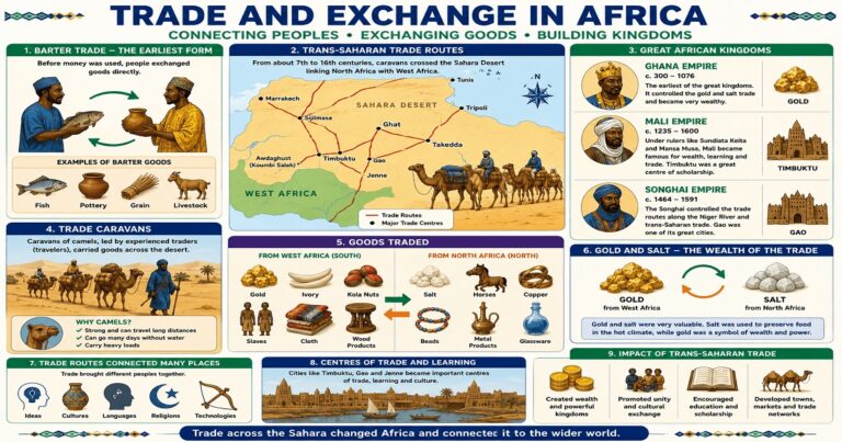 The Origin And Development Of The Earliest Domestic And External Forms Of Trade In Africa for SHS 1 Social Studies – Educational Illustration
