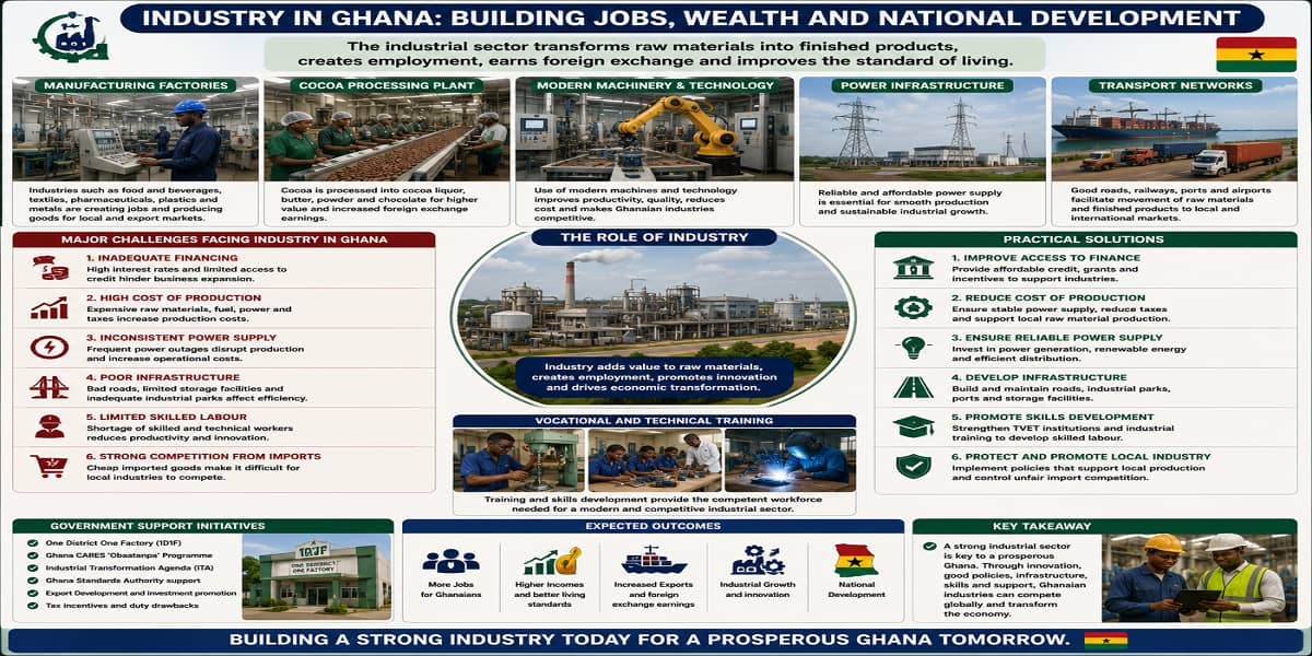 Challenges And Solutions To The Secondary Industrial Sector In Ghana for SHS 2 Economics – Educational Illustration