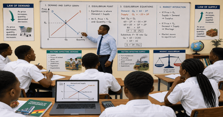 Market Equilibrium And Determination Of Equilibrium Price And Quantity for SHS 2 Economics – Educational Illustration