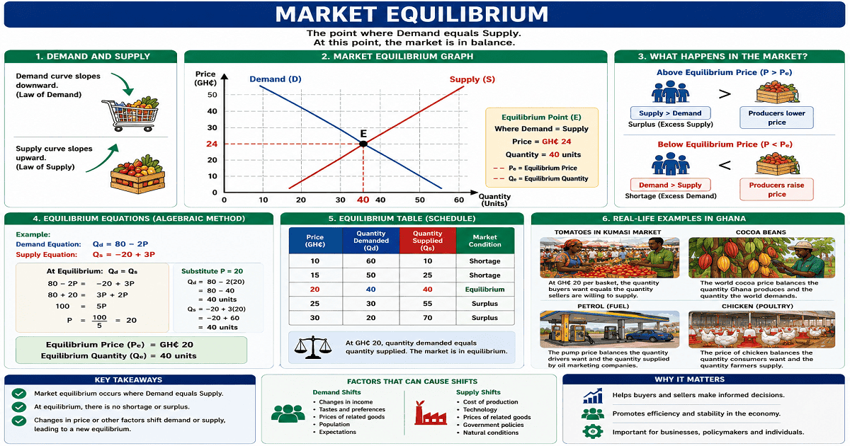 Market Equilibrium And Determination Of Equilibrium Price And Quantity for SHS 2 Economics – Educational Illustration