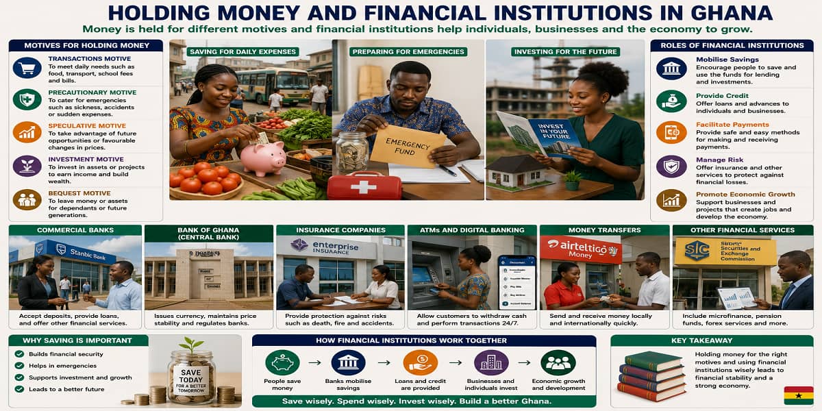Reasons For Holding Money And Roles Of Financial Institutions for SHS 2 Economics – Educational Illustration