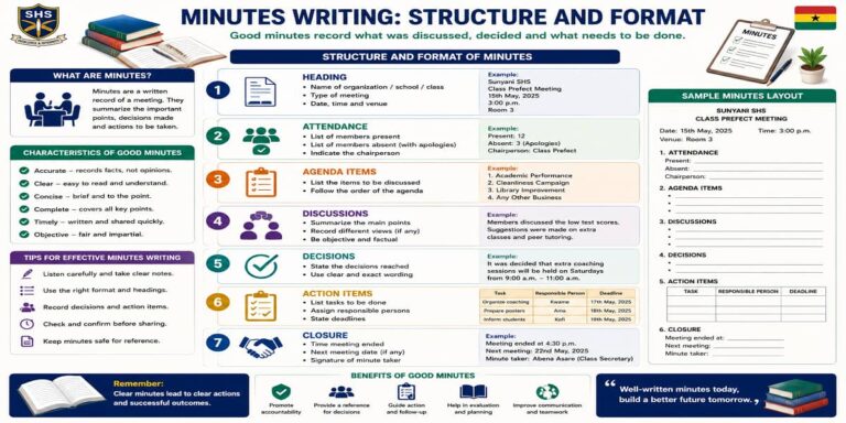 Minutes Writing Structure And Format for SHS 2 English Language – Educational Illustration