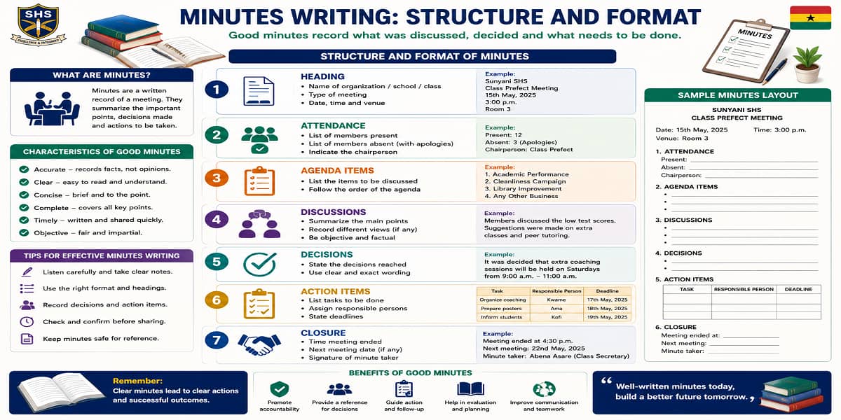 Minutes Writing Structure And Format for SHS 2 English Language – Educational Illustration