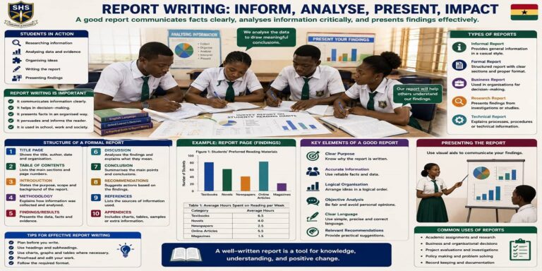 Report Writing Structure And Format for SHS 2 English Language – Educational Illustration