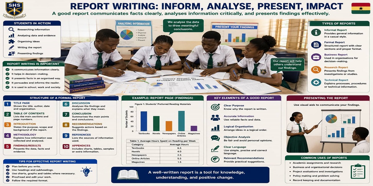 Report Writing Structure And Format for SHS 2 English Language – Educational Illustration