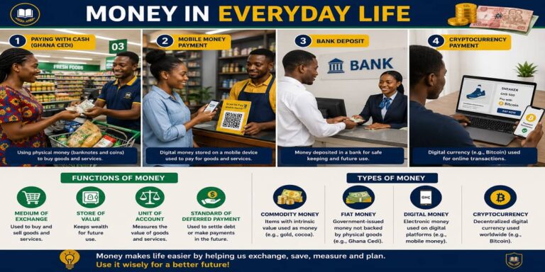 The Concept of Money for SHS 1 Economics – Educational Illustration