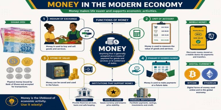 The Concept of Money for SHS 1 Economics – Educational Illustration