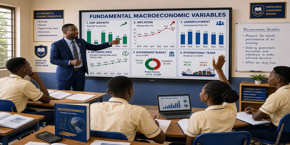 The Fundamental Macroeconomic Variables for SHS 1 Economics – Educational Illustration