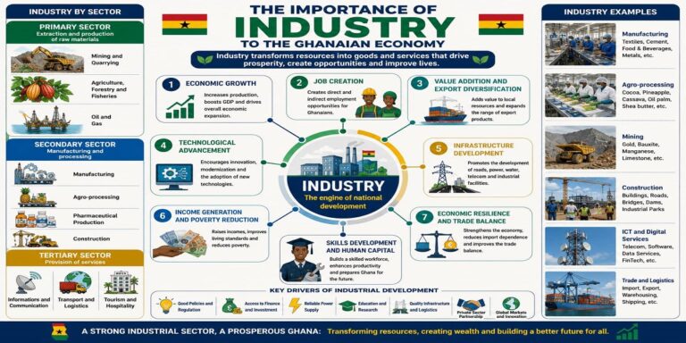 The Importance of Industry to the Ghanaian Economy for SHS 1 Economics – Educational Illustration