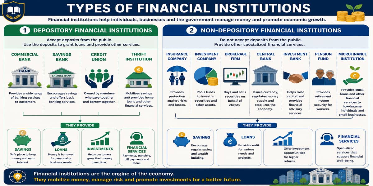 Types of Financial Institutions for SHS 1 Economics – Educational Illustration