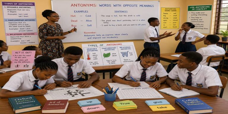 Antonyms (Nearly Opposite in Meaning) for SHS 2 English Language – Educational Illustration