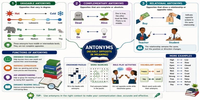 Antonyms (Nearly Opposite in Meaning) for SHS 2 English Language – Educational Illustration