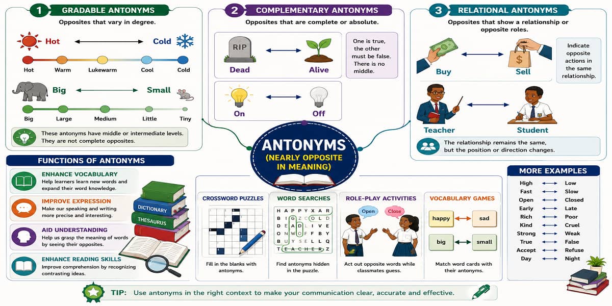 Antonyms (Nearly Opposite in Meaning) for SHS 2 English Language – Educational Illustration