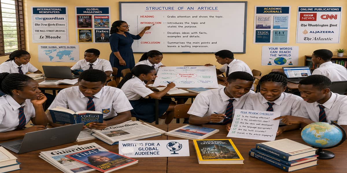 Article Writing for International Newspapers and Magazines for SHS 2 English Language – Educational Illustration