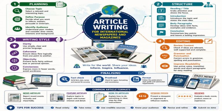 Article Writing for International Newspapers and Magazines for SHS 2 English Language – Educational Illustration