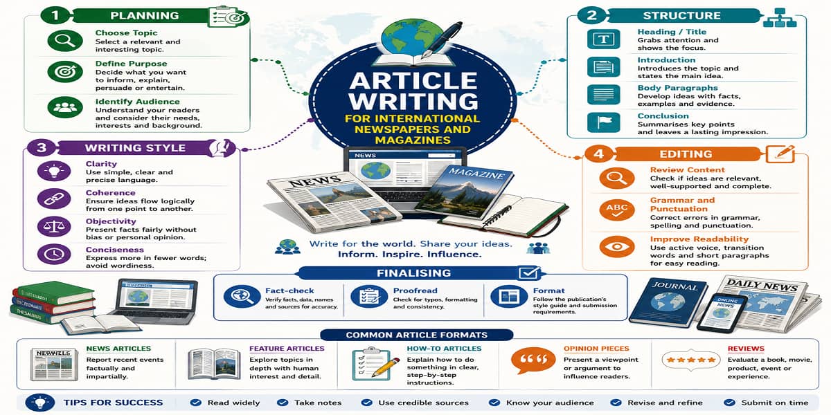 Article Writing for International Newspapers and Magazines for SHS 2 English Language – Educational Illustration