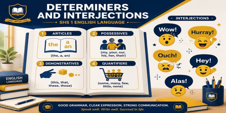 Determiners and Interjections for SHS 1 English Language – Educational Illustration