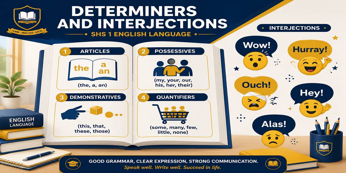 Determiners and Interjections for SHS 1 English Language – Educational Illustration