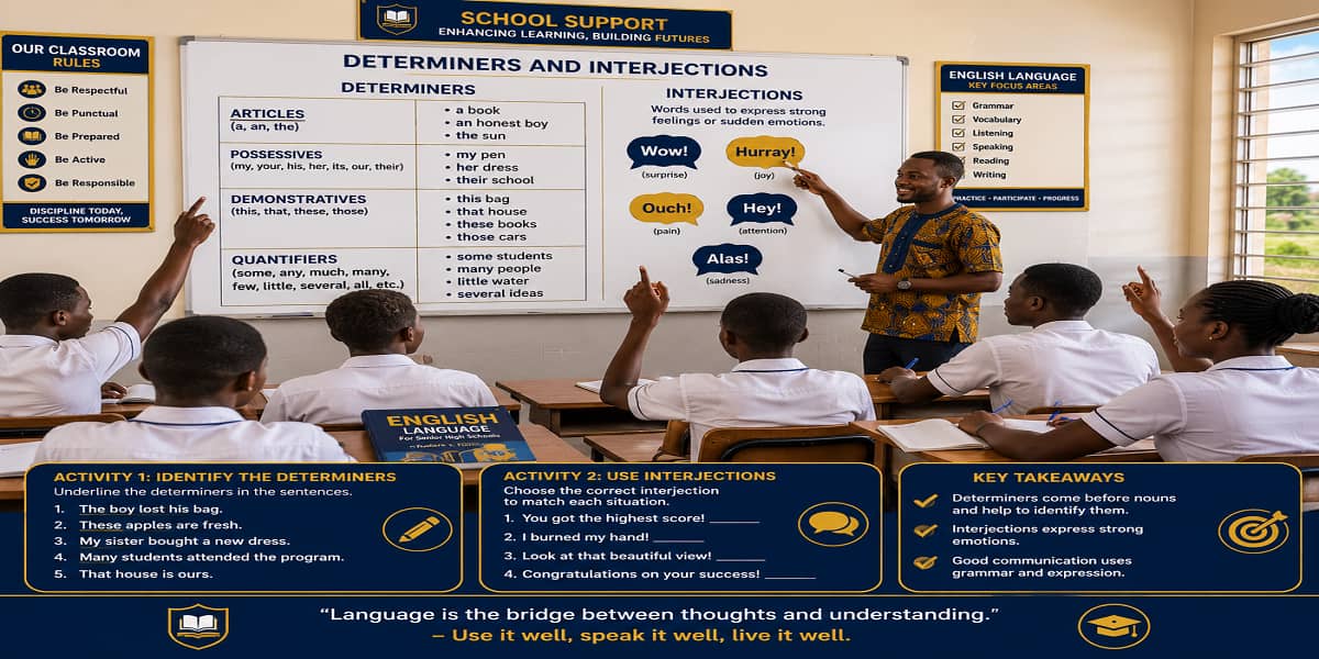 Determiners and Interjections for SHS 1 English Language – Educational Illustration