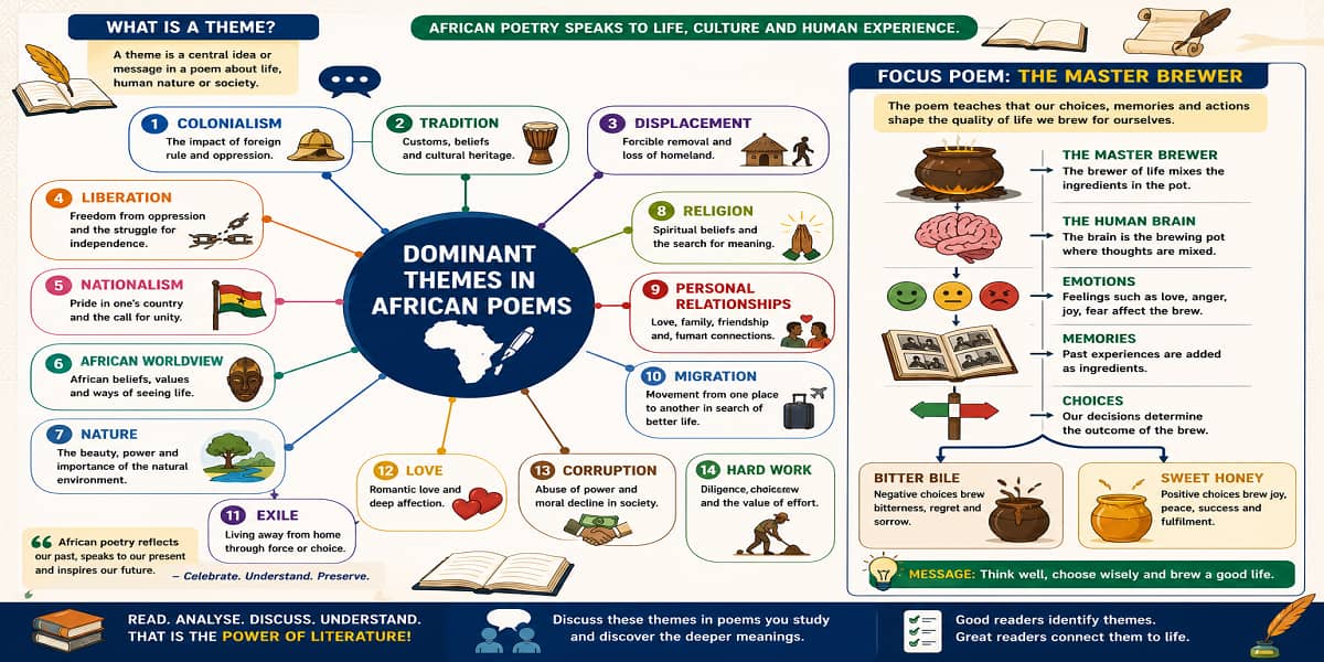 Dominant Themes in African Poems for SHS 1 English Language – Educational Illustration