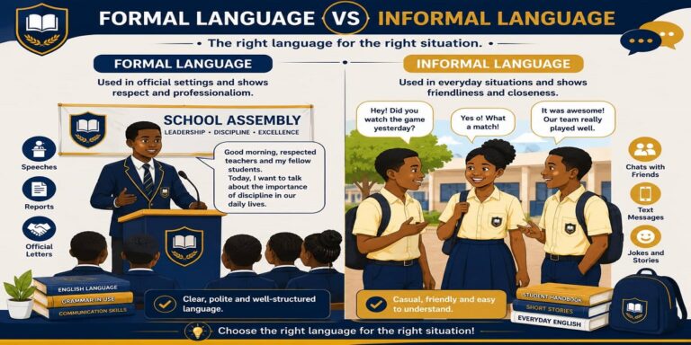 Formal and Informal Language Use for SHS 1 English Language – Educational Illustration