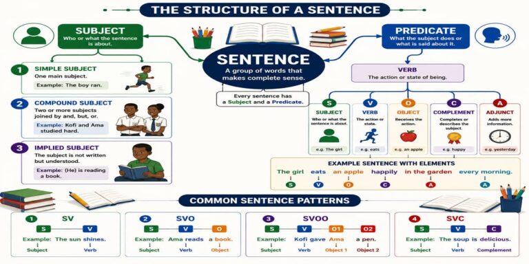 Subject and Predicate for SHS 1 English Language – Educational Illustration