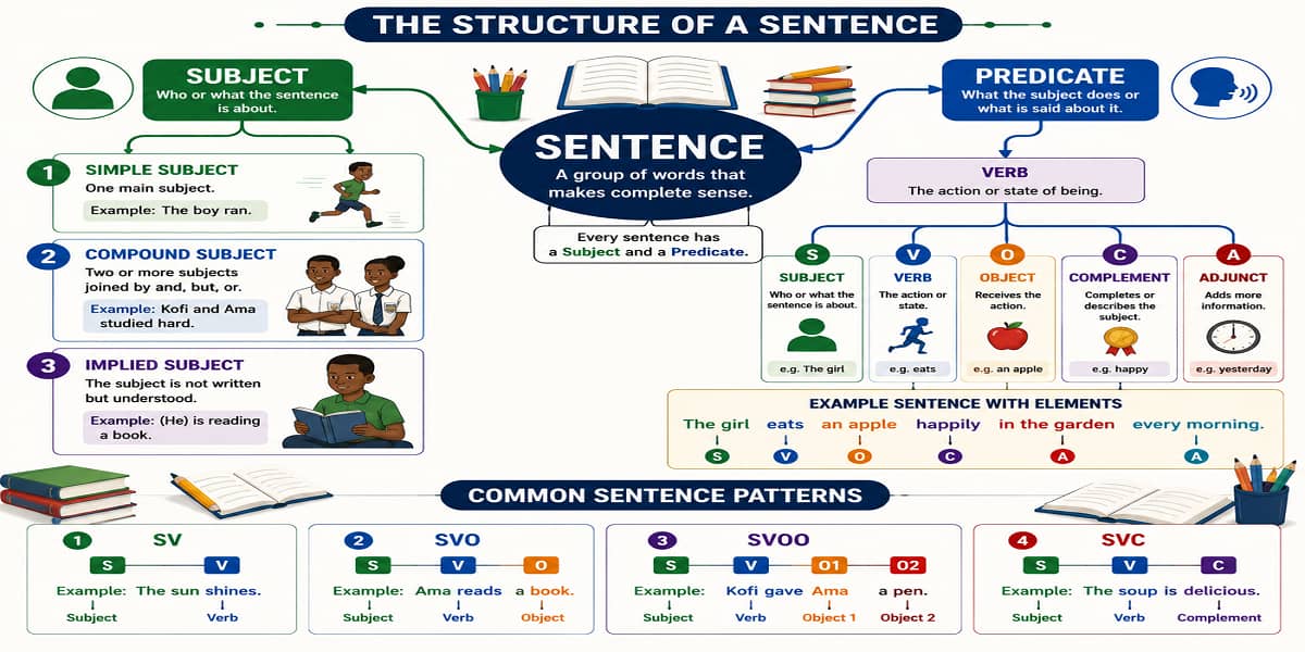 Subject and Predicate for SHS 1 English Language – Educational Illustration