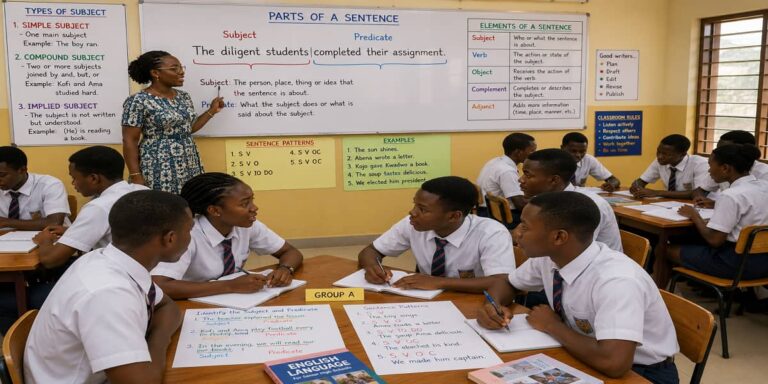 Subject and Predicate for SHS 1 English Language – Educational Illustration