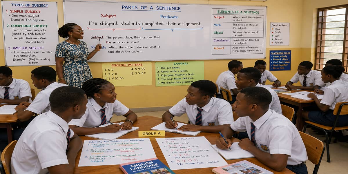 Subject and Predicate for SHS 1 English Language – Educational Illustration