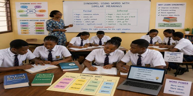 Synonyms (Words Similar or Nearest in Meaning) for SHS 2 English Language – Educational Illustration