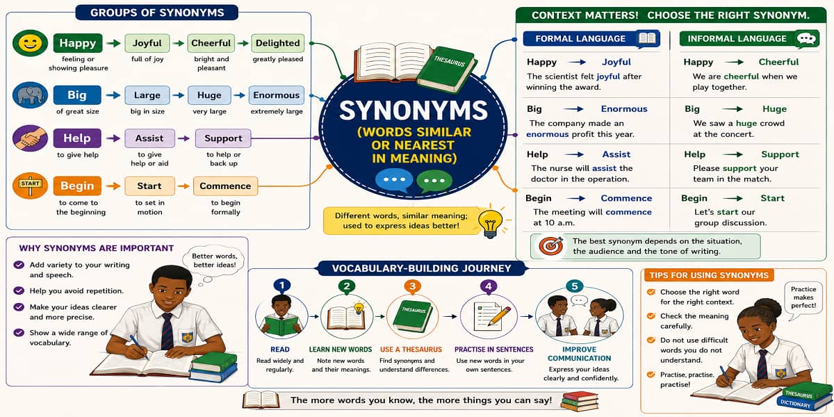 Synonyms (Words Similar or Nearest in Meaning) for SHS 2 English Language – Educational Illustration