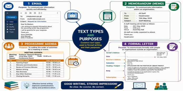 Text Types and Purposes for SHS 1 English Language – Educational Illustration