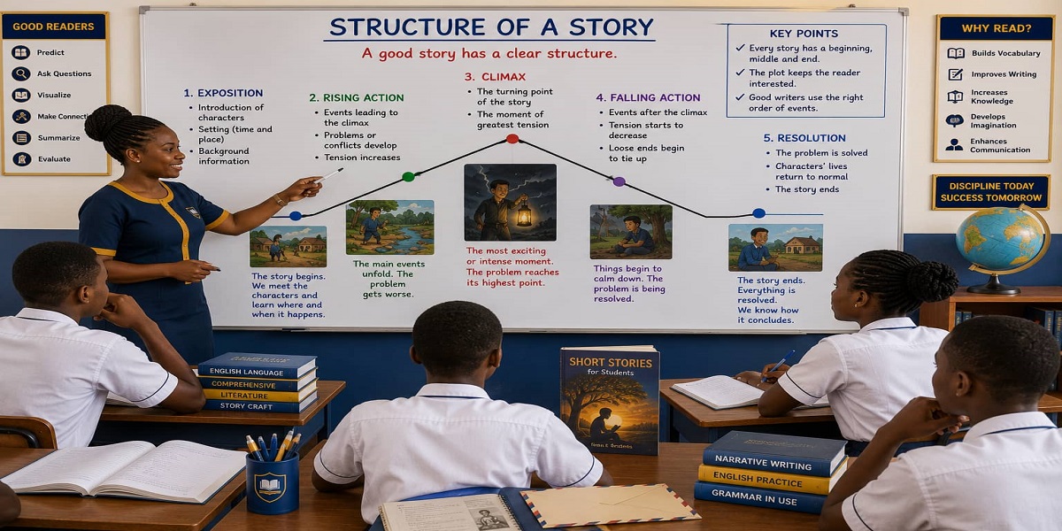 The Structure of a Plot for SHS 1 English Language – Educational Illustration