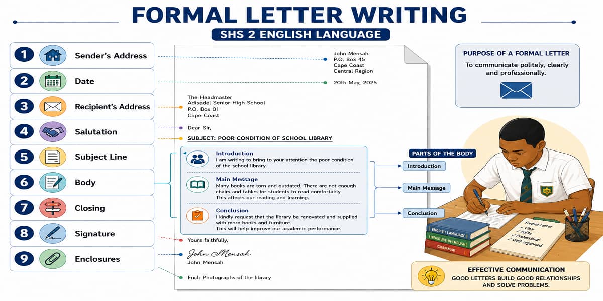 Formal Letter Writing for SHS 2 English Language – Educational Illustration