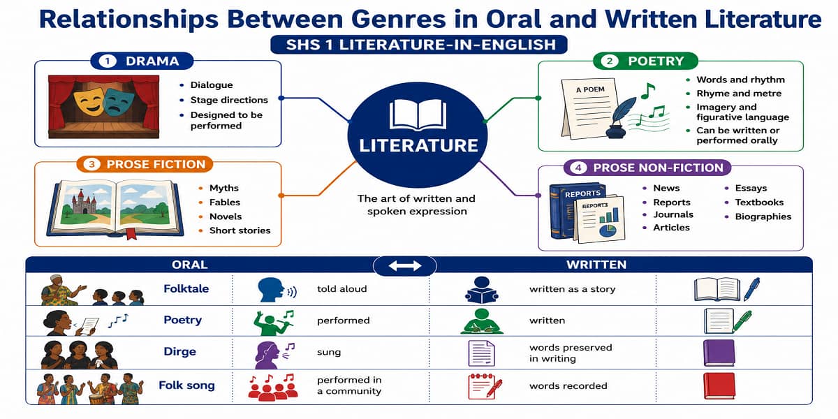 Relationships Between Genres in Oral and Written Literature for SHS 1 Literature-in-English – Educational Illustration