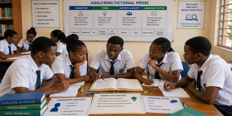 SHS 1 learners analysing fictional prose through character types, themes, language, tone, point of view and figurative language.