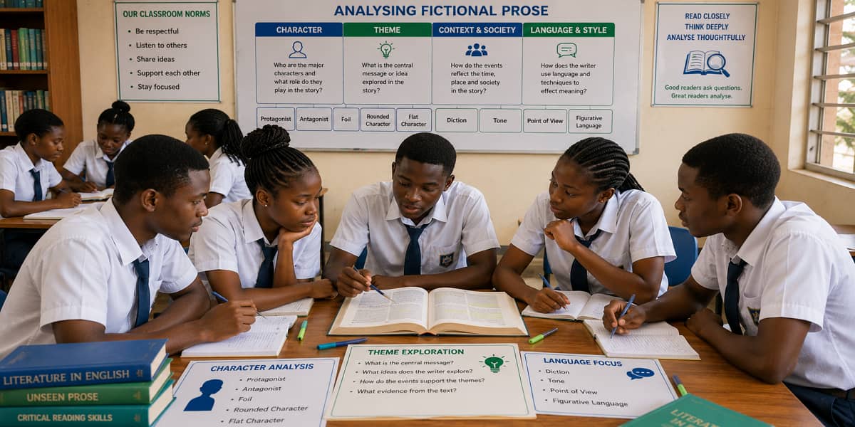 SHS 1 learners analysing fictional prose through character types, themes, language, tone, point of view and figurative language.