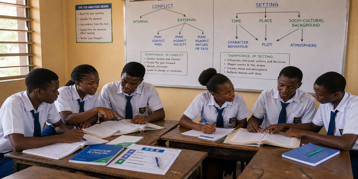 SHS 1 learners analysing internal and external conflict and the role of setting in dramatic texts.