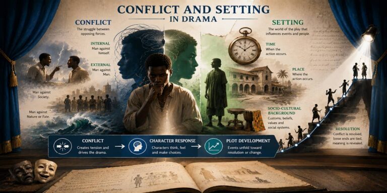SHS 1 learners analysing internal and external conflict and the role of setting in dramatic texts.