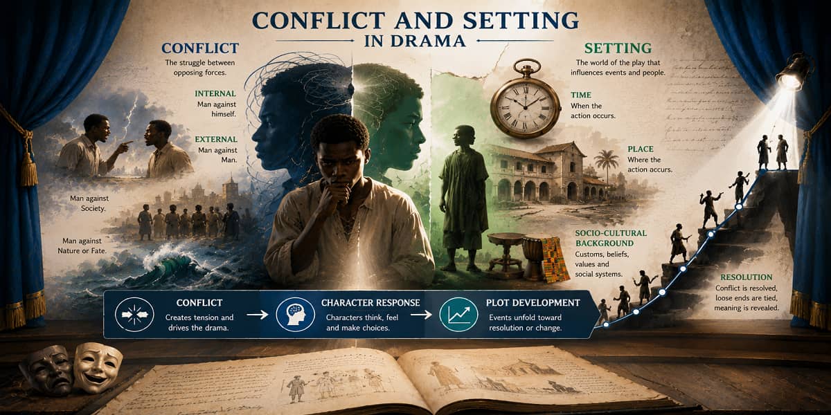 SHS 1 learners analysing internal and external conflict and the role of setting in dramatic texts.