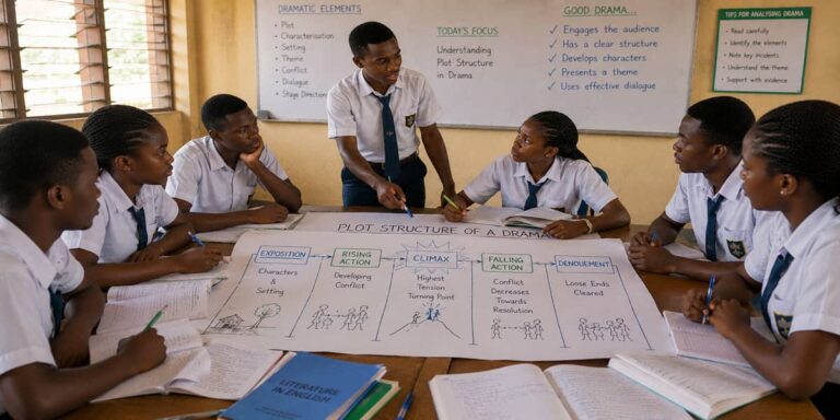 Ghanaian SHS 1 learners studying theme, plot, characterisation, setting and the five stages of dramatic plot.