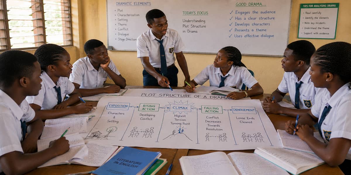 Ghanaian SHS 1 learners studying theme, plot, characterisation, setting and the five stages of dramatic plot.