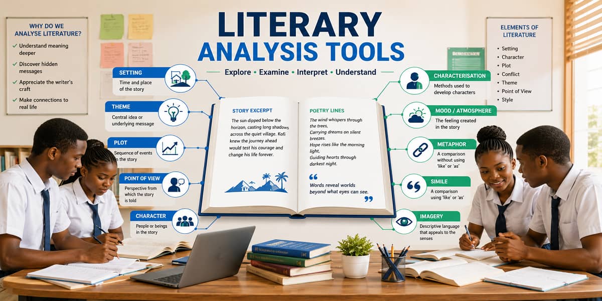 SHS 1 learners exploring literary analysis tools including setting, theme, plot, point of view, character, mood and figurative language.